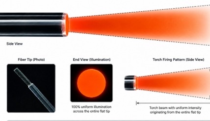 OptiVein flat tip fiber torch-firing pattern — NA 0.37, uniform emission from the flat tip surface